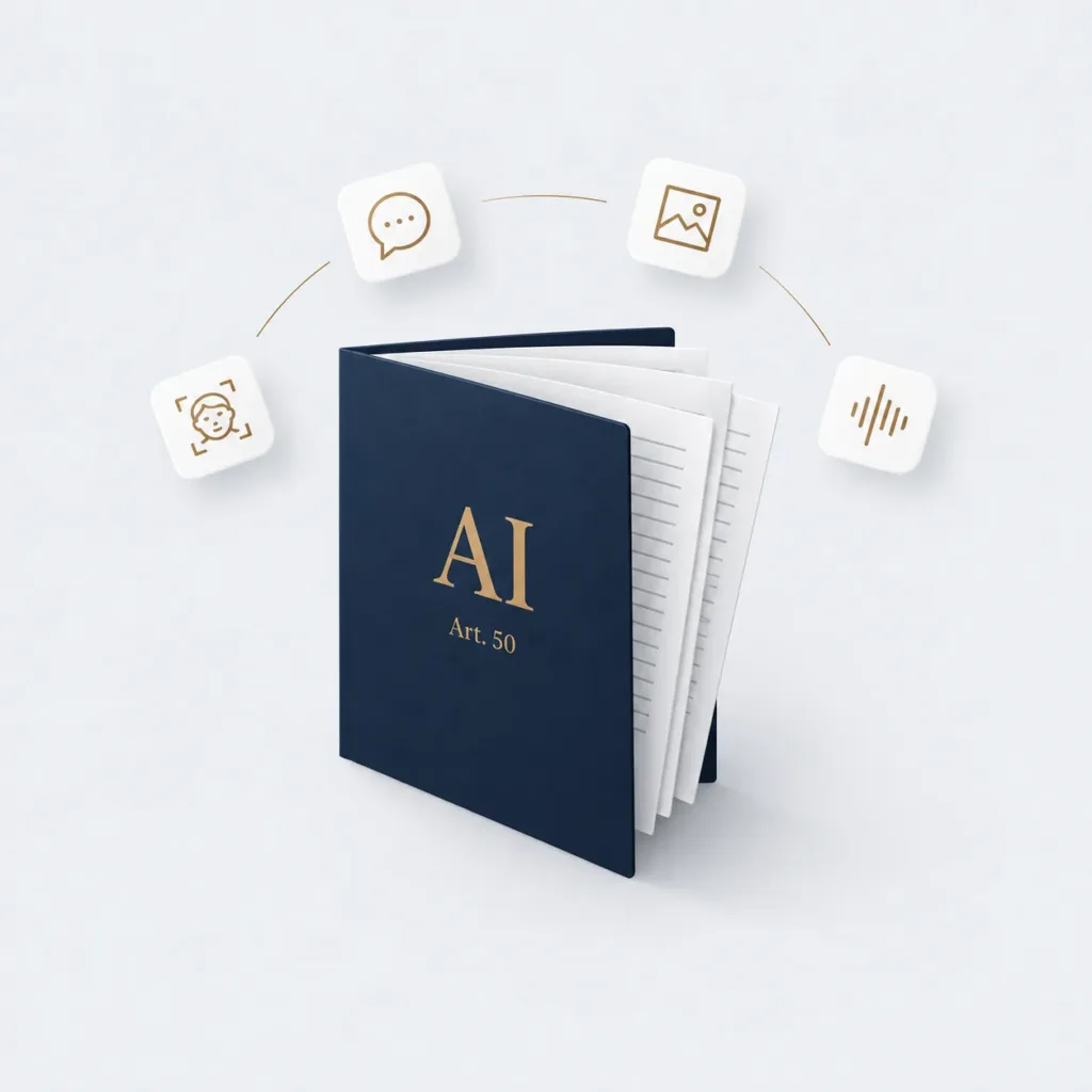 Dossier bleu nuit du kit de conformité IA, marqué « AI — Article 50 », entouré de quatre pictogrammes : agent conversationnel, contenu généré, voix de synthèse et reconnaissance d'émotion.