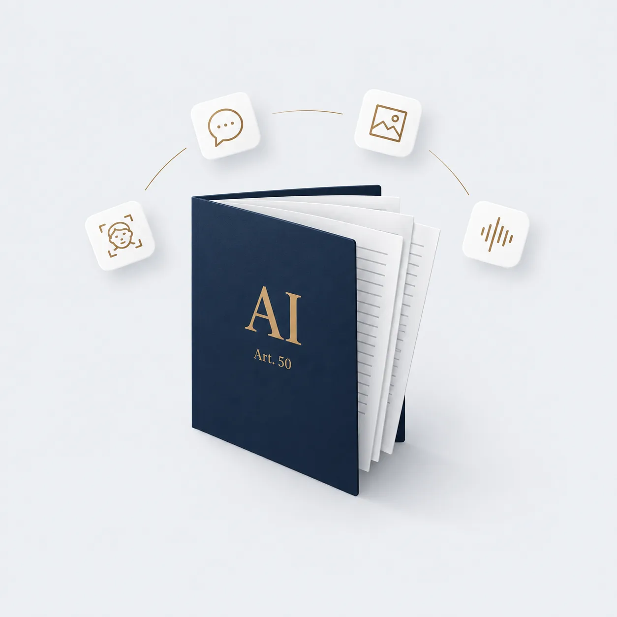 Dossier bleu nuit du kit de conformité IA, marqué « AI — Article 50 », entouré de quatre pictogrammes : agent conversationnel, contenu généré, voix de synthèse et reconnaissance d'émotion.
